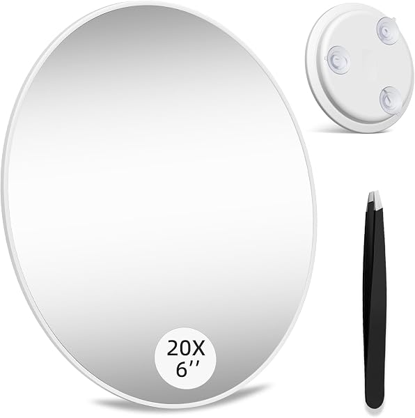 SAIGGNYY 6″ Magnifying Mirror with Tweezers, 10X to 40X, White, 20X