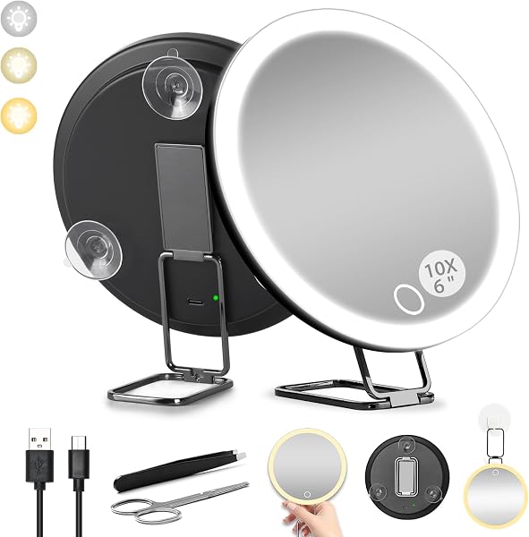 6″ LED Magnifying Mirror with Light, 10X to 30X, Black, 10X