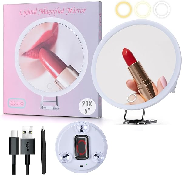 SAIGGNYY 6″ LED Magnifying Mirror with Light, 10X to 30X, White, 20X