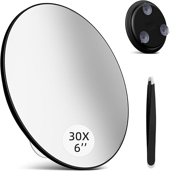 SAIGGNYY 6″ Magnifying Mirror with Tweezers, 10X to 40X, Black, 30X
