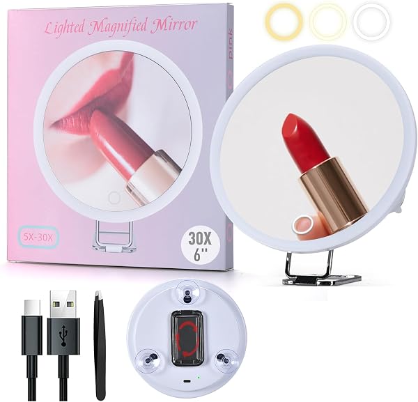 SAIGGNYY 6″ LED Magnifying Mirror with Light, 10X to 30X, White, 30X