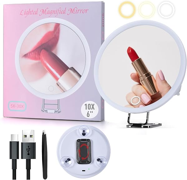 6″ LED Magnifying Mirror with Light, 10X to 30X, White, 10X