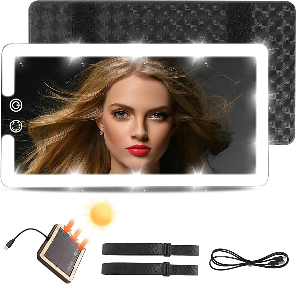 SAIGGNYY Solar Rechargeable LED Car Sun Visor Vanity Mirror with Lights, 10 Inch HD Makeup Mirror