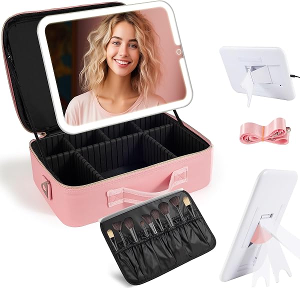 SAIGGNYY Large Travel Makeup Bag with Detachable LED Mirror, Pink