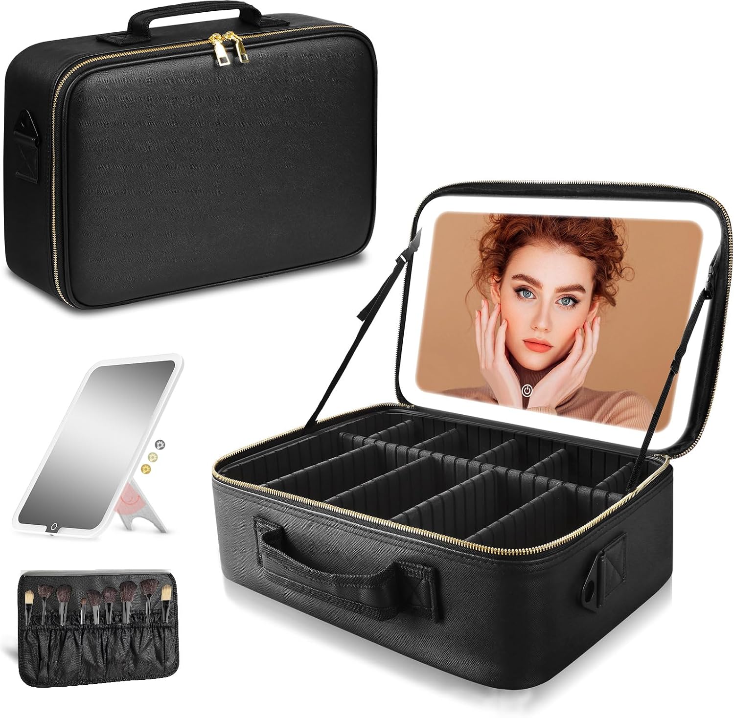 SAIGGNYY Large Travel Makeup Bag with LED Mirror, 3-Color Dimmable Detachable Vanity Mirror, Adjustable Dividers & Brush Holder