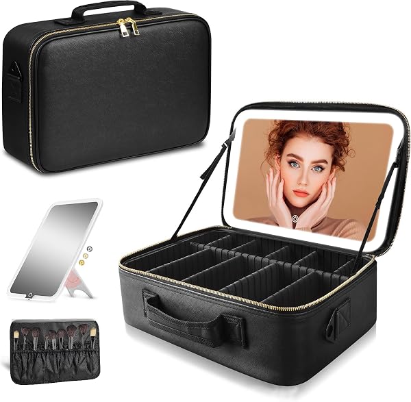 SAIGGNYY Large Travel Makeup Bag with Detachable LED Mirror, Black