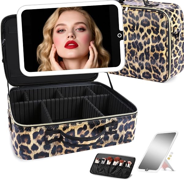SAIGGNYY Large Travel Makeup Bag with Detachable LED Mirror, Leopard