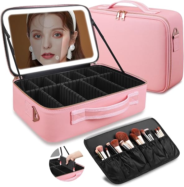 SAIGGNYY Professional Makeup Train Case with LED Mirror, Pink