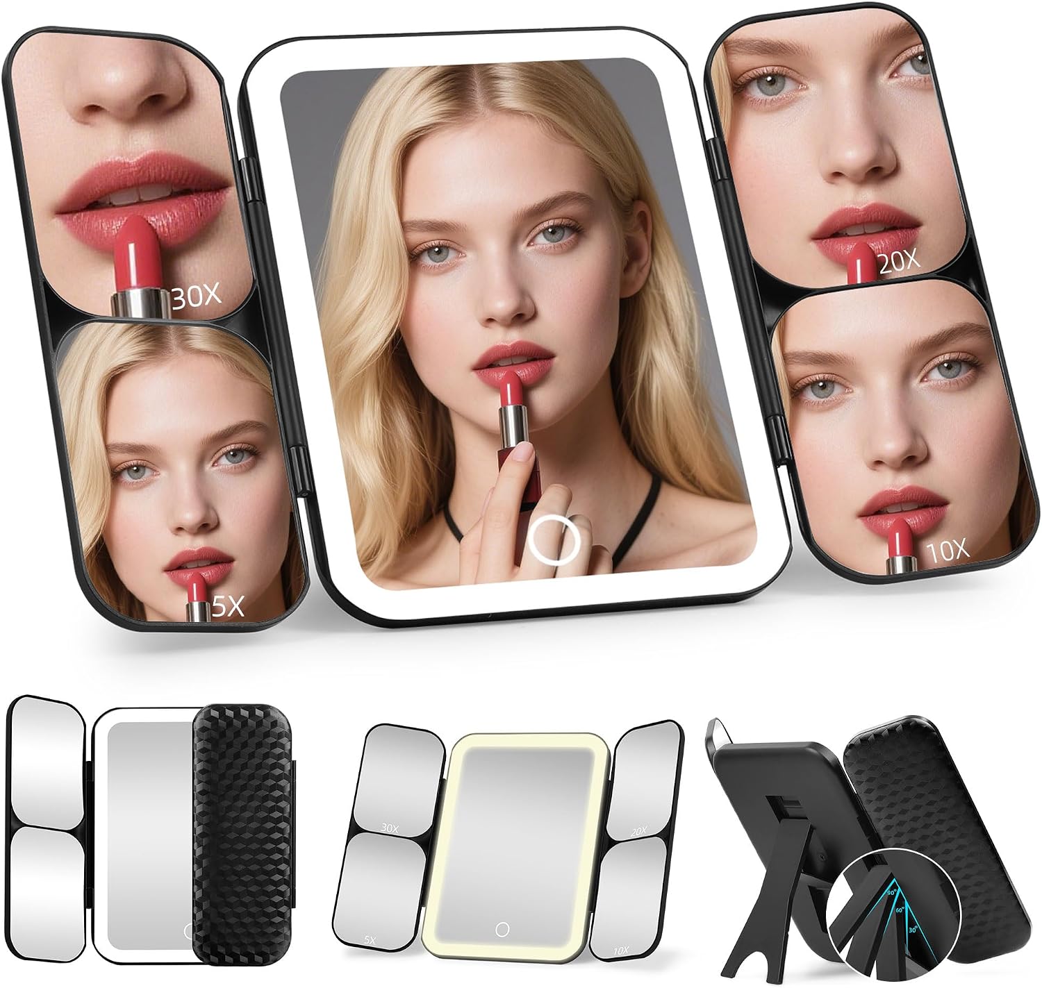 SAIGGNYY 5-in-1 LED Vanity Makeup Mirror, 1X Full Face with 5X, 10X, 20X and 30X Magnification, Trifold Travel Mirror with Stand