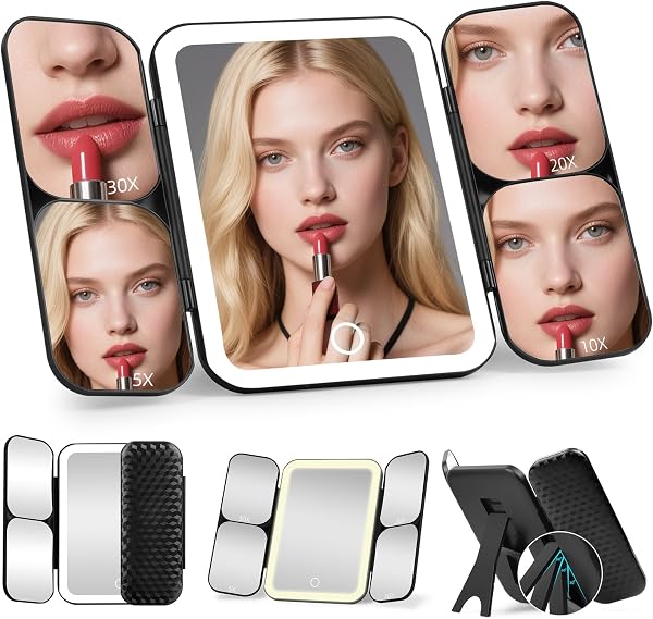 SAIGGNYY 5-in-1 LED Vanity Mirror, 1X to 30X, Cool Black