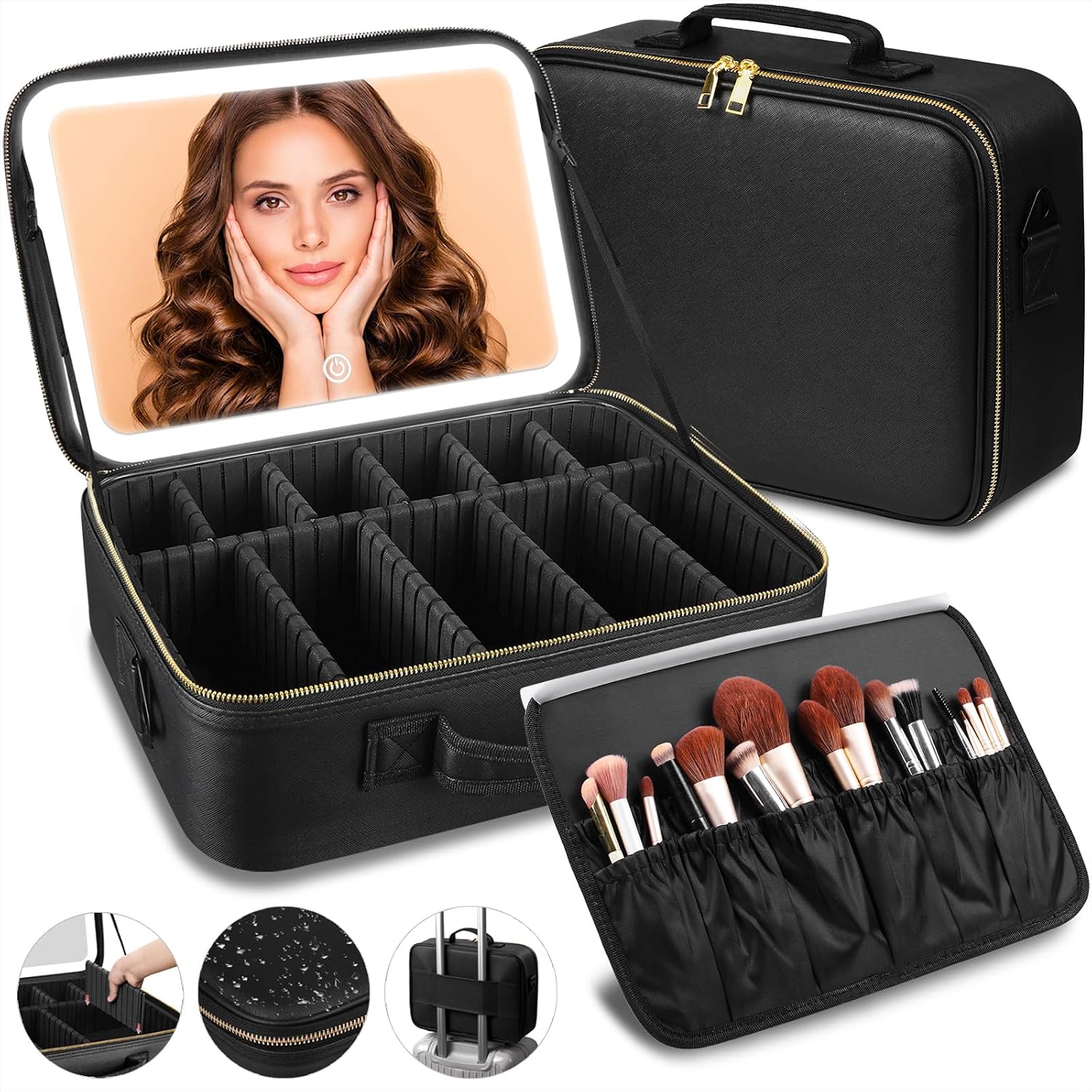 SAIGGNYY 15 × 11 Inch Professional Makeup Train Case with Built-In LED Mirror, Waterproof PU Leather Case with Adjustable Dividers